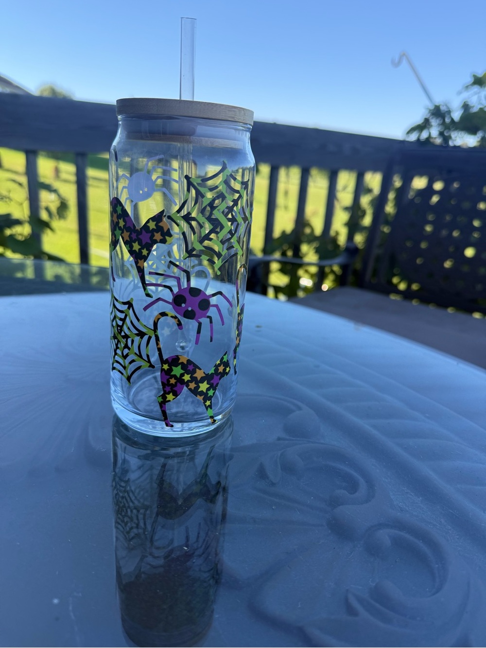 Home made New Halloween Spider & Web Glass 20 ounce Tumbler with Straw - Clear